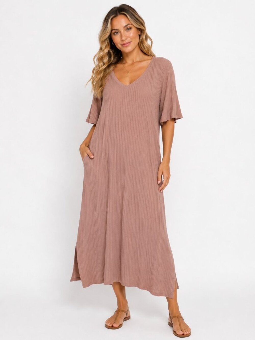 Eileen Fisher Womens Ribbed V-Neck Maxi Dress XL Rose Pink Casual Relaxed Fit Ov